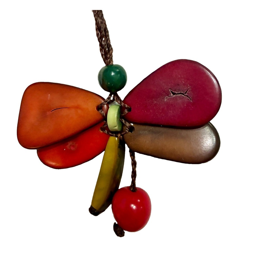 Y2K dragonfly necklace multicolor leather wood plastic Handmade Boho Hippie Chic